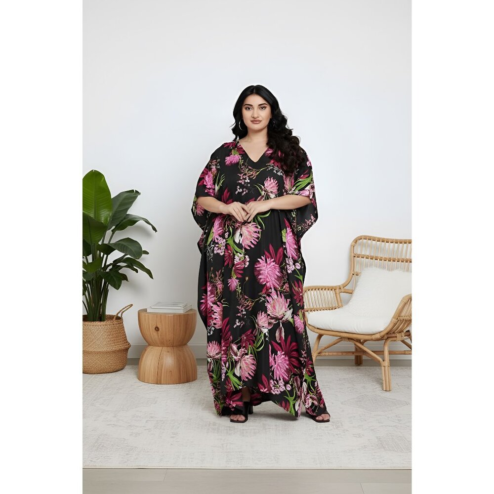 Plus Floral V-Neck Swim Coverup Kaftan in Black and Pink